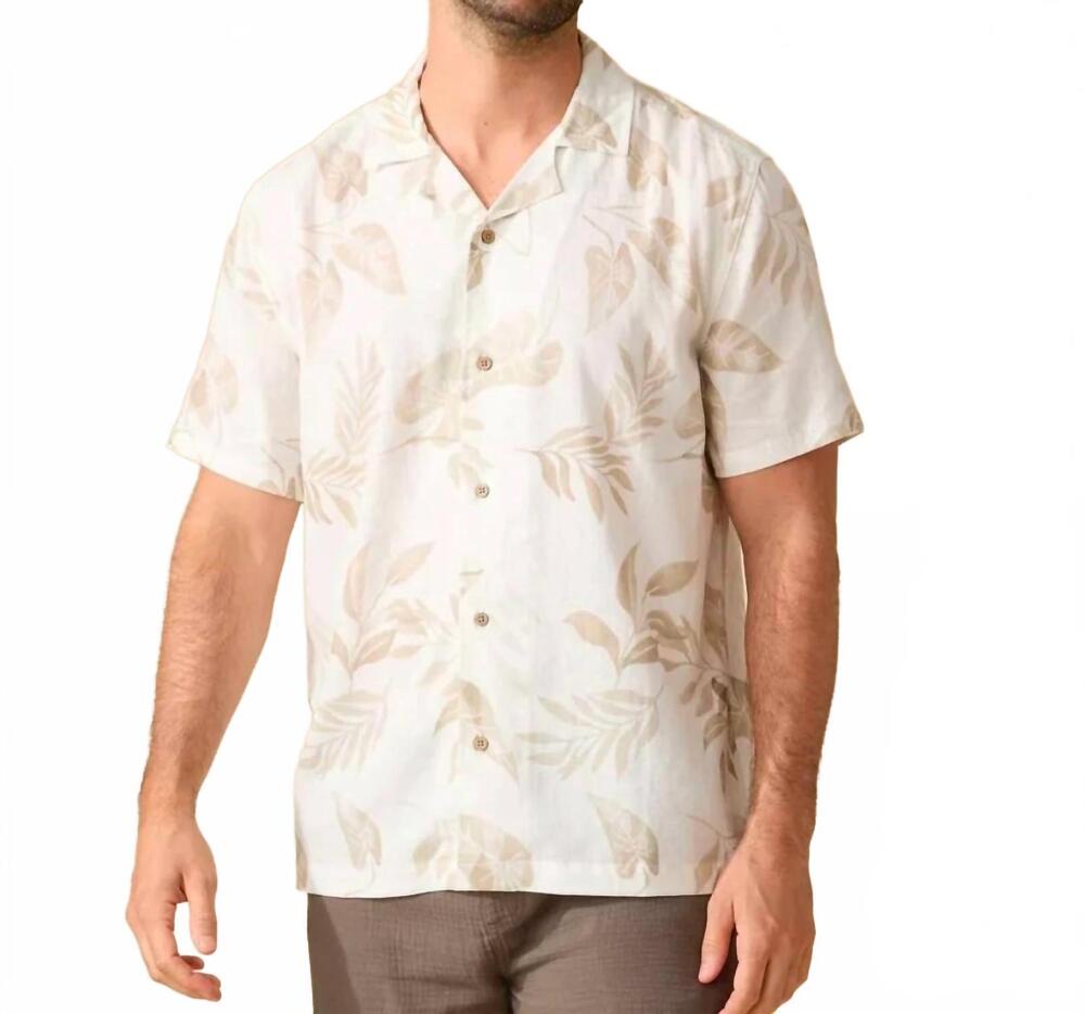 NEW FLAGS & ANTHEM men's linen blend short sleeve button down in white/tan